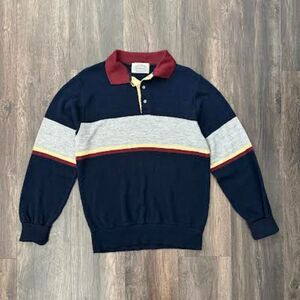 Vintage Knit Sweater Collared 1/4 Button Long Sleeve Color Block Navy Gray Large
